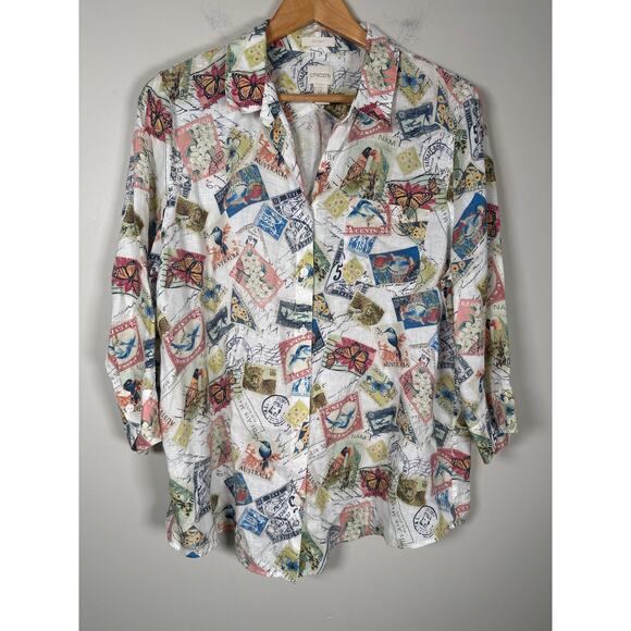 Chicos Women's Linen Postage Stamp 3/4 Sleeve Button-up Top Sz L (2) Travel - Picture 2 of 10